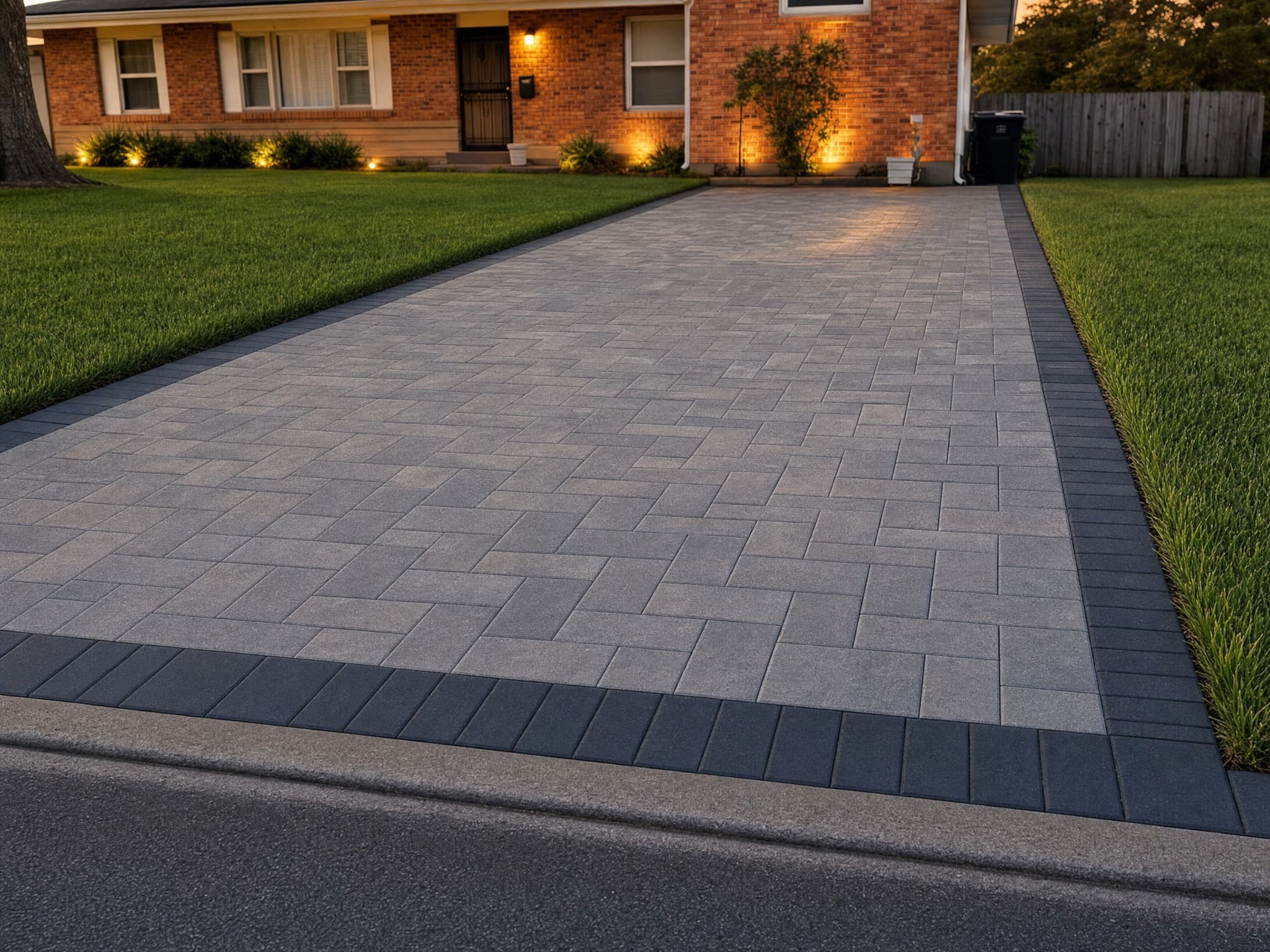 Driveway after: new paver driveway with charcoal border at dusk