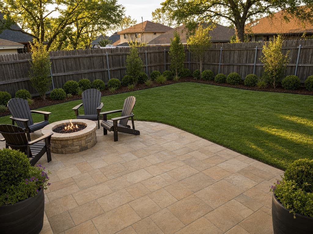 Backyard after: finished paver patio with fire pit and fresh sod