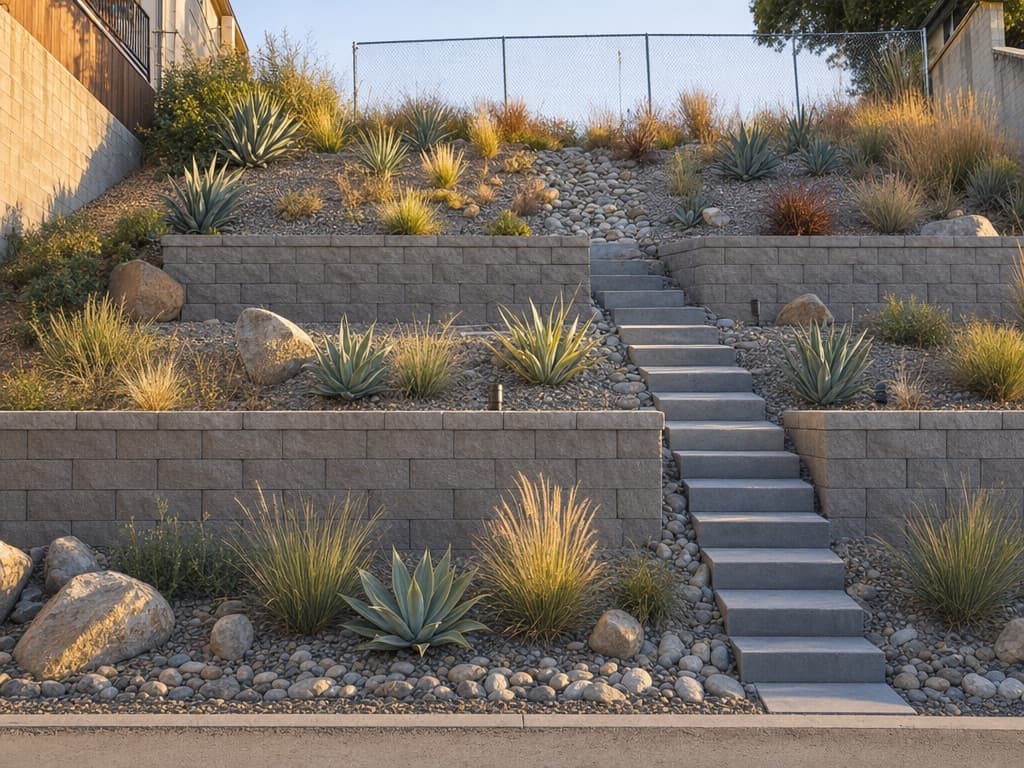 Yard after: terraced block retaining walls with steps and drought-tolerant planting