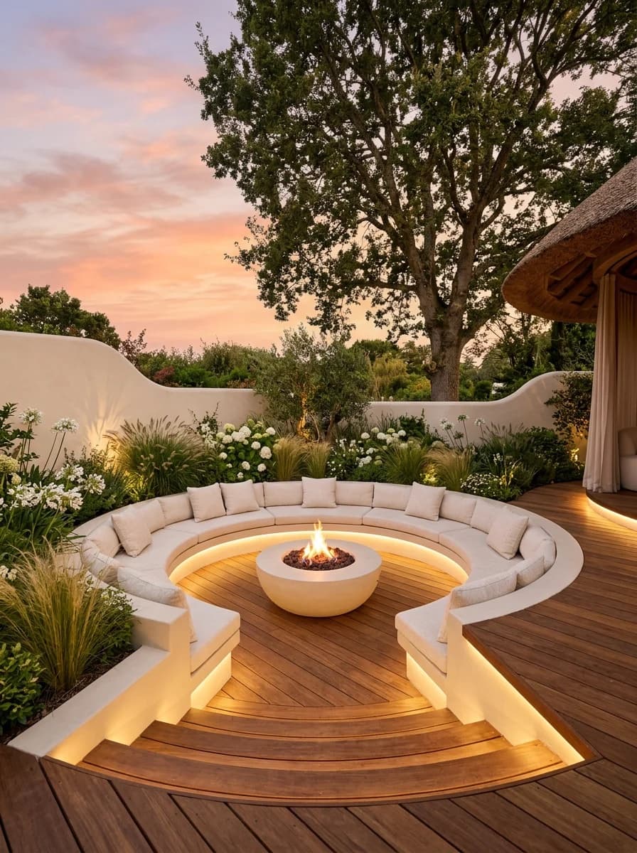 Circular sunken lounge in Calabasas with curved built-in seating around a concrete fire bowl at sunset