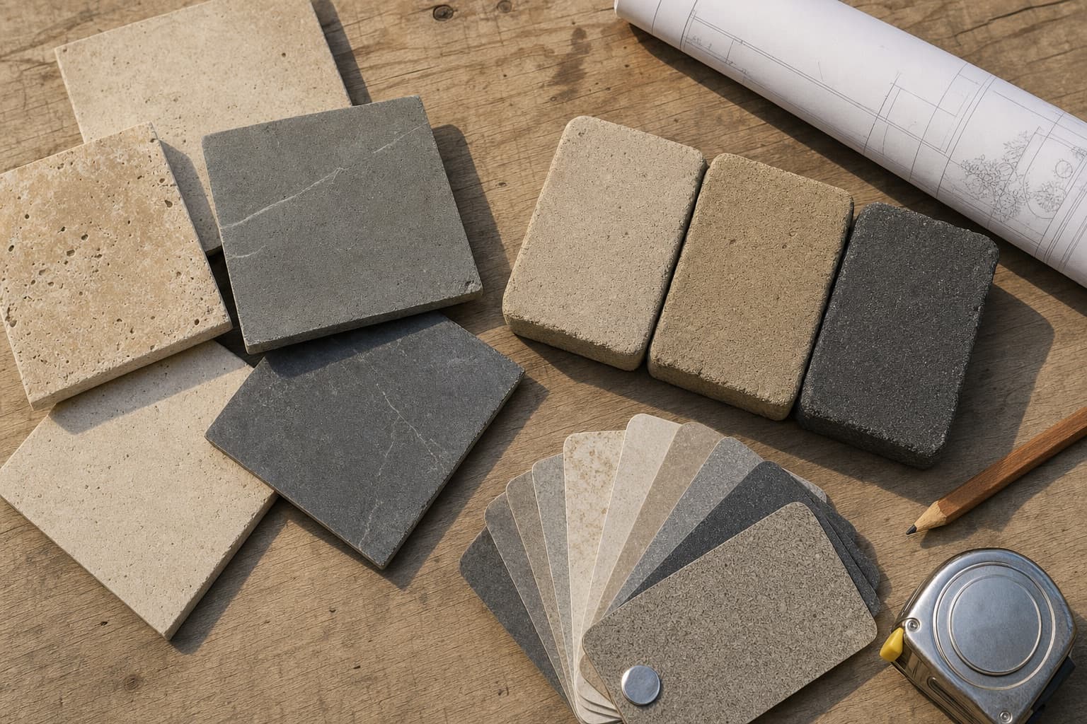 Material samples and plans laid out before a build starts