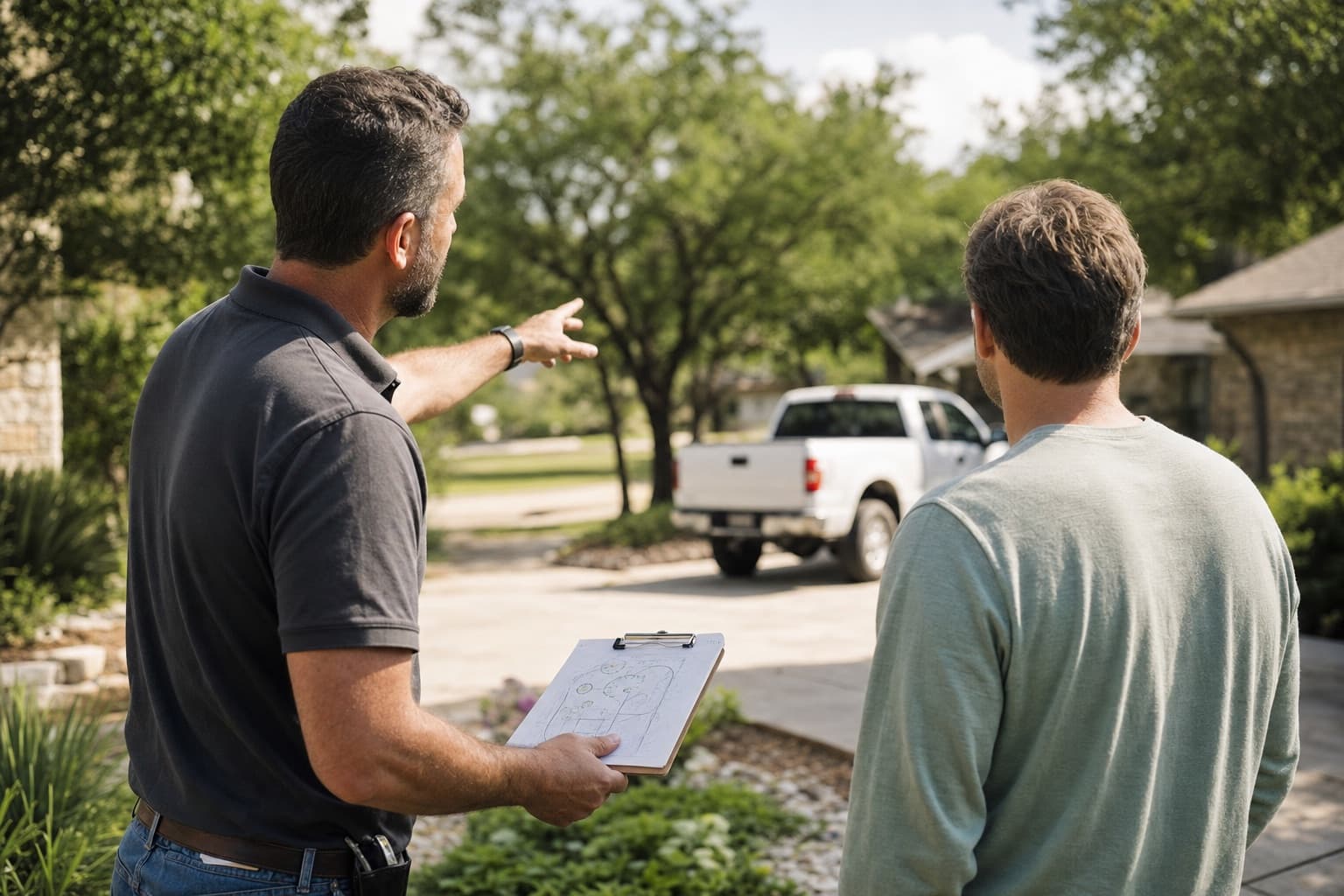 Owner walking a property with a homeowner before work begins