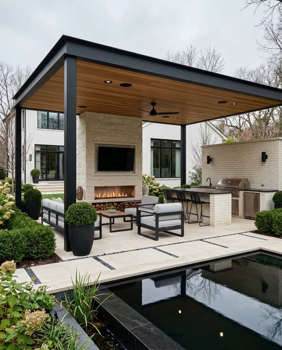 Steel pavilion with a limestone fireplace, outdoor kitchen, and paver floor in Highland Park