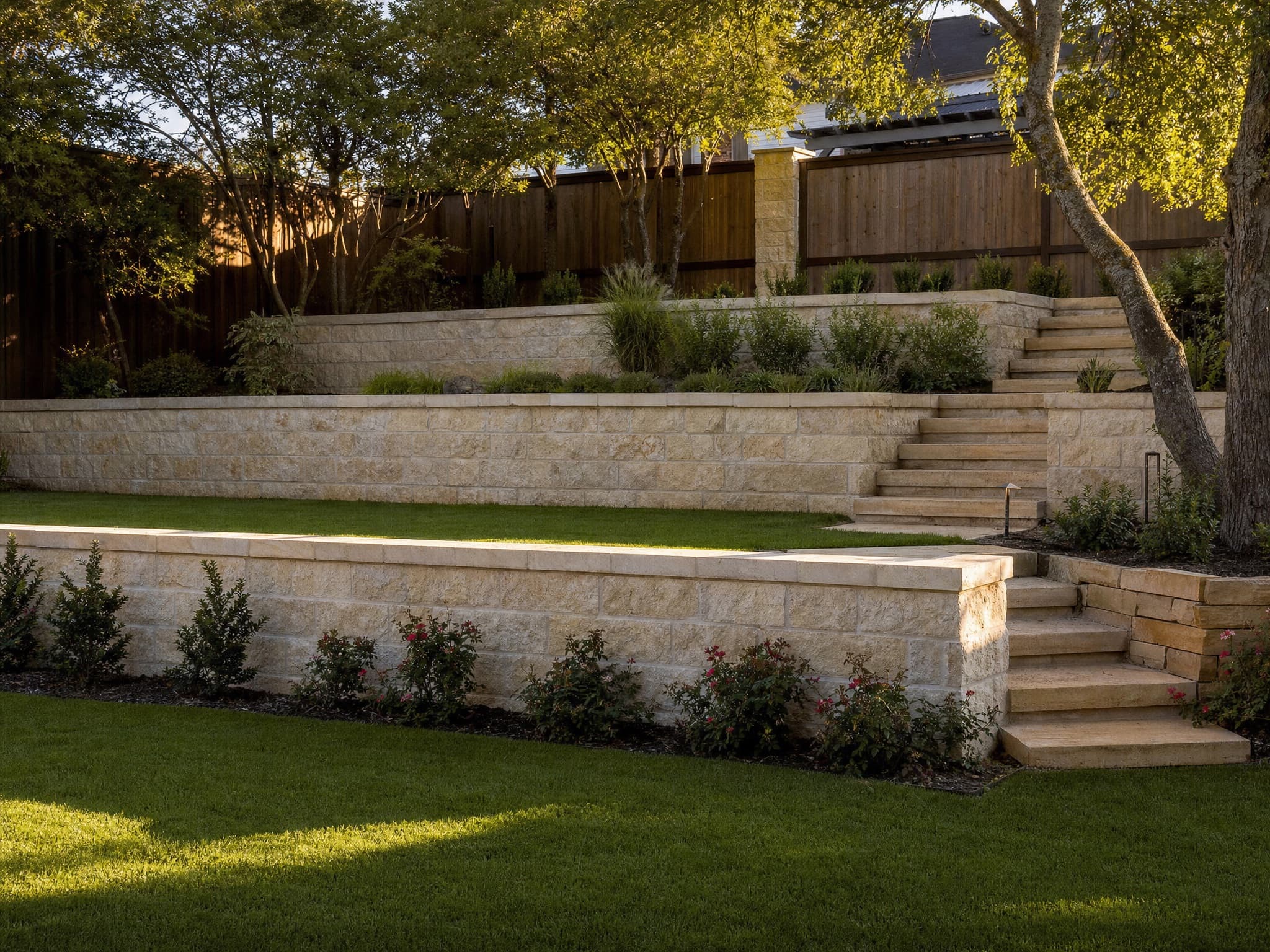 Terraced cream limestone retaining walls with steps and planted beds in Lakewood